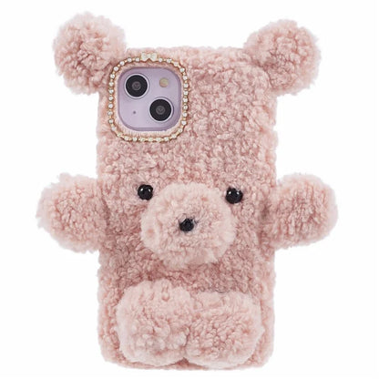For iPhone 15 3D Bear Furry Plush Case Protective TPU Phone Cover