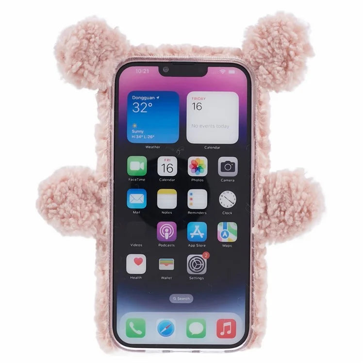 For iPhone 15 3D Bear Furry Plush Case Protective TPU Phone Cover
