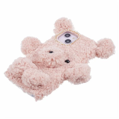 For iPhone 15 3D Bear Furry Plush Case Protective TPU Phone Cover