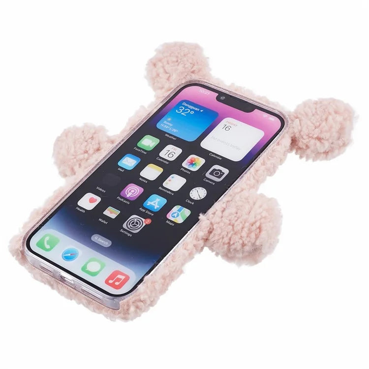 For iPhone 15 3D Bear Furry Plush Case Protective TPU Phone Cover