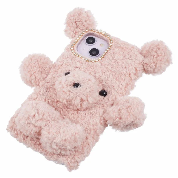 For iPhone 15 3D Bear Furry Plush Case Protective TPU Phone Cover
