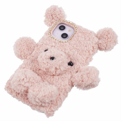 For iPhone 15 3D Bear Furry Plush Case Protective TPU Phone Cover