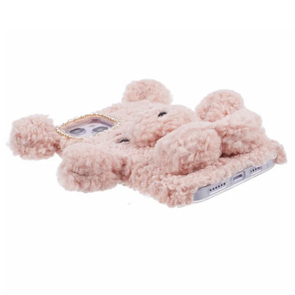 For iPhone 15 3D Bear Furry Plush Case Protective TPU Phone Cover