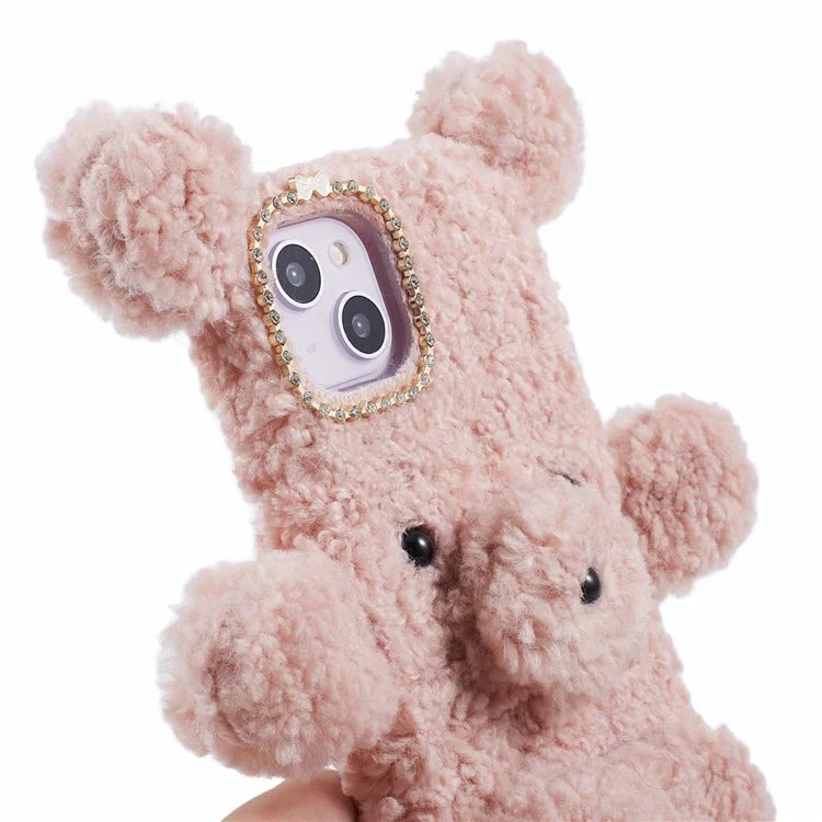 For iPhone 15 3D Bear Furry Plush Case Protective TPU Phone Cover