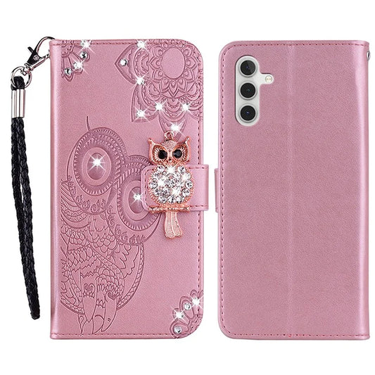 For Samsung Galaxy A15 4G Case Rhinestone Decor Leather Stand Cellphone Wallet Cover Gold