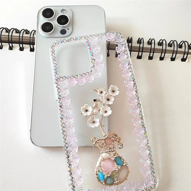 For iPhone 15 Pro Case PC Phone Shell Rhinestone Decor Mobile Phone Cover