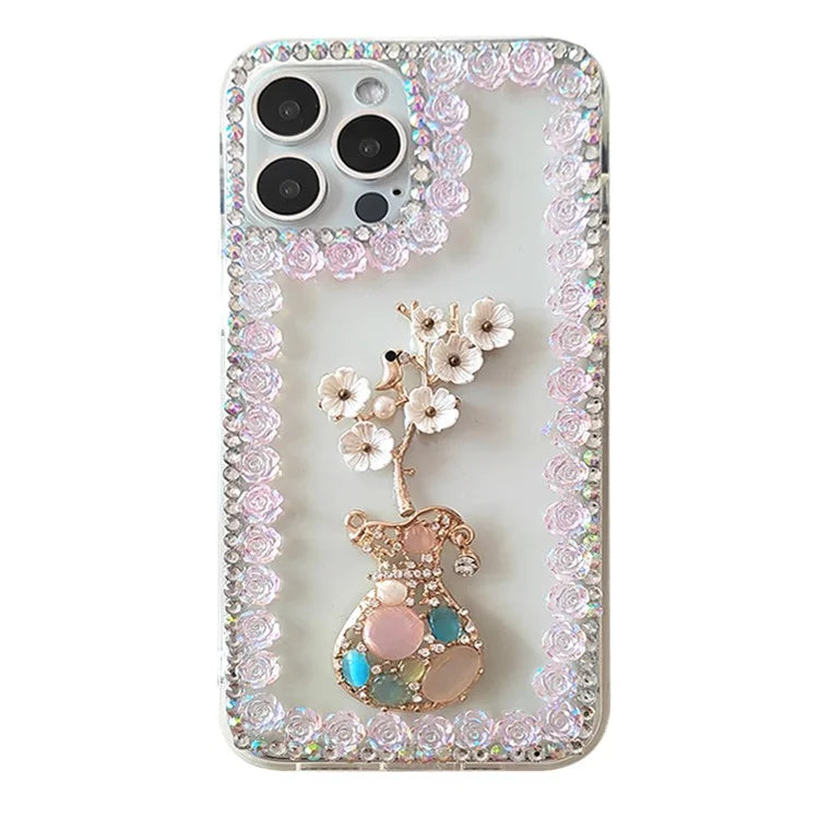 For iPhone 15 Pro Max Case Rhinestone Decor Slim-Fit Phone Cover PC Phone Shell