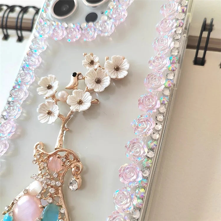 For iPhone 15 Pro Max Case Rhinestone Decor Slim-Fit Phone Cover PC Phone Shell