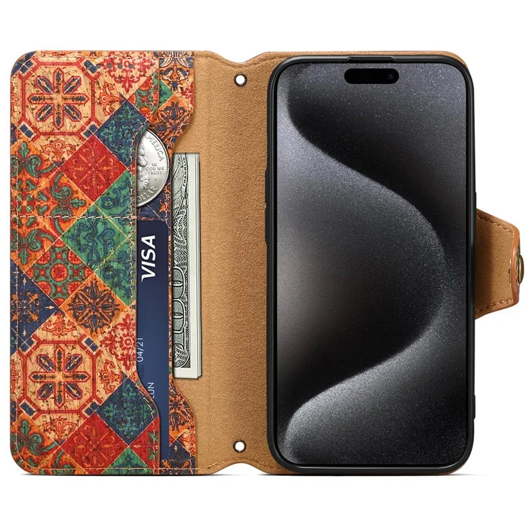 For iPhone 15 Pro Case Flower Pattern PU Leather Wallet Phone Cover with Stand