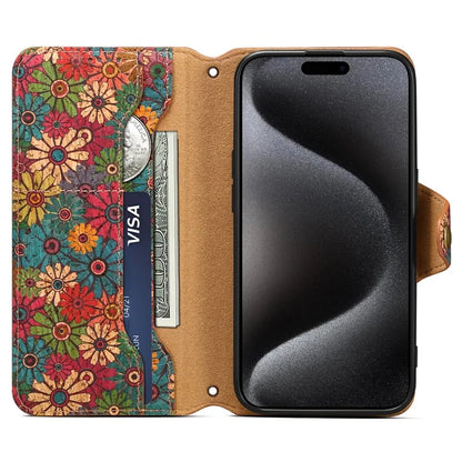 For iPhone 15 Pro Case Flower Pattern PU Leather Wallet Phone Cover with Stand