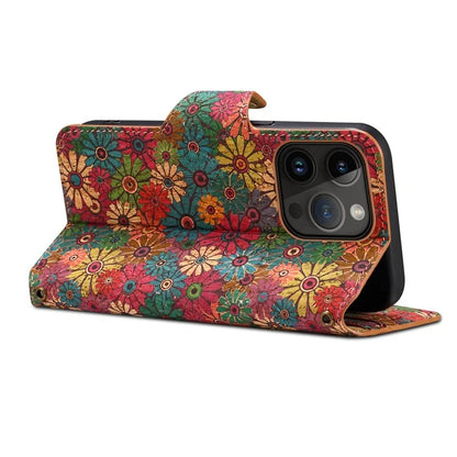 For iPhone 15 Pro Case Flower Pattern PU Leather Wallet Phone Cover with Stand