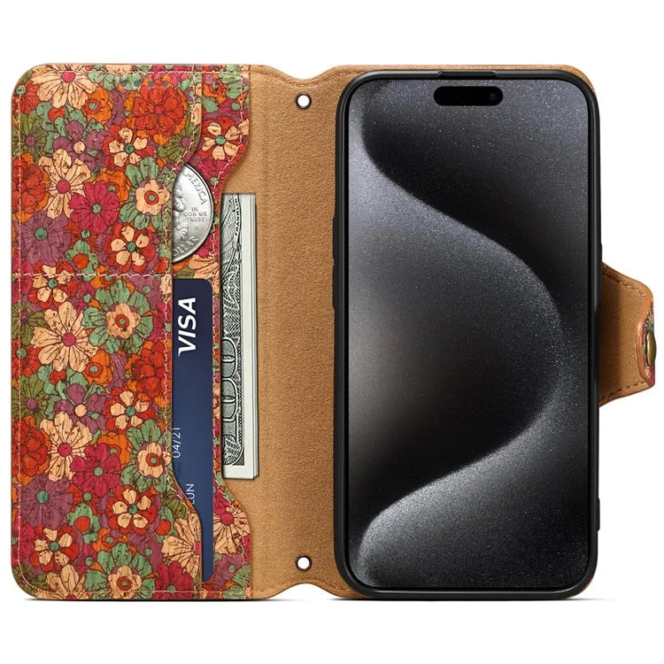 For iPhone 15 Pro Case Flower Pattern PU Leather Wallet Phone Cover with Stand