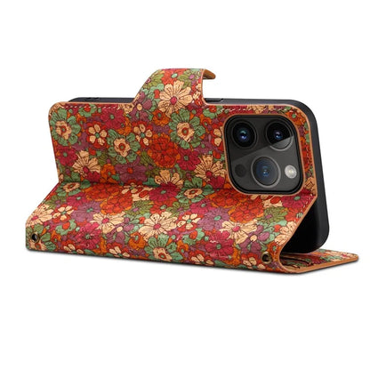 For iPhone 15 Pro Case Flower Pattern PU Leather Wallet Phone Cover with Stand