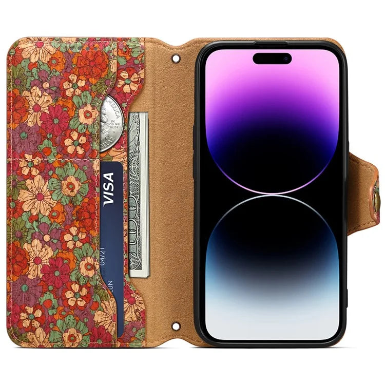 For iPhone 14 Pro Case Flower Pattern PU Leather Wallet Shockproof Phone Cover