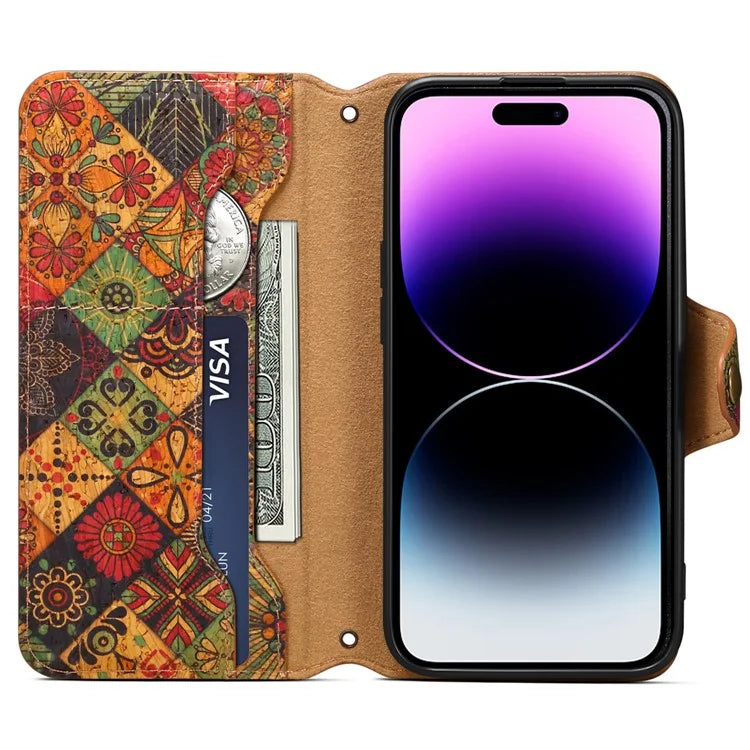 For iPhone 14 Pro Case Flower Pattern PU Leather Wallet Shockproof Phone Cover