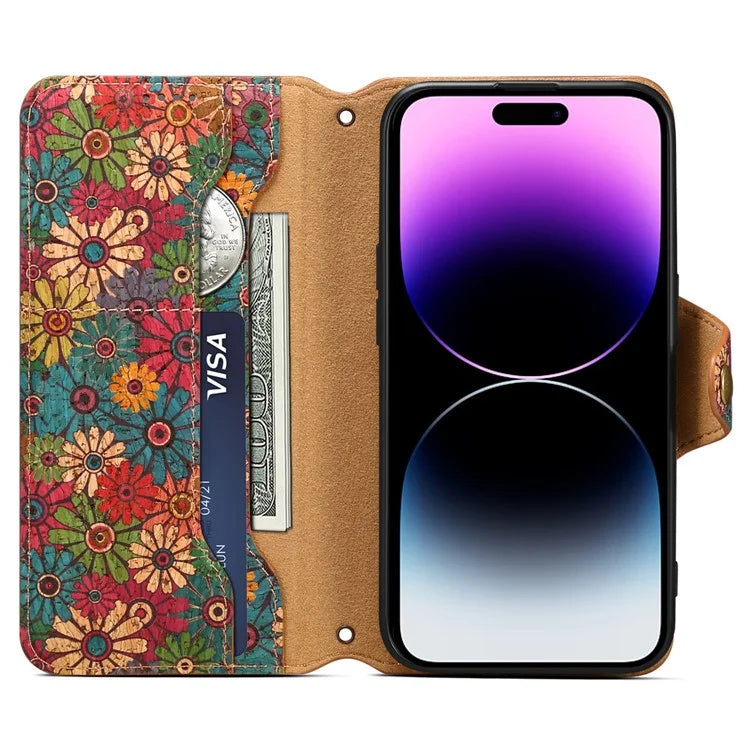 For iPhone 14 Pro Case Flower Pattern PU Leather Wallet Shockproof Phone Cover