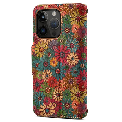 For iPhone 14 Pro Case Flower Pattern PU Leather Wallet Shockproof Phone Cover