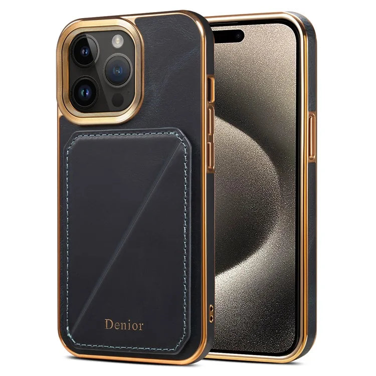 DENIOR For iPhone 15 Pro Max Case Card Holder Waxy Genuine Cow Leather+TPU+PC Cover