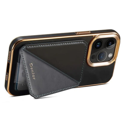 DENIOR For iPhone 15 Pro Max Case Card Holder Waxy Genuine Cow Leather+TPU+PC Cover