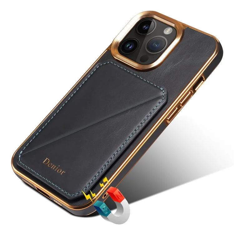 DENIOR For iPhone 15 Pro Max Case Card Holder Waxy Genuine Cow Leather+TPU+PC Cover
