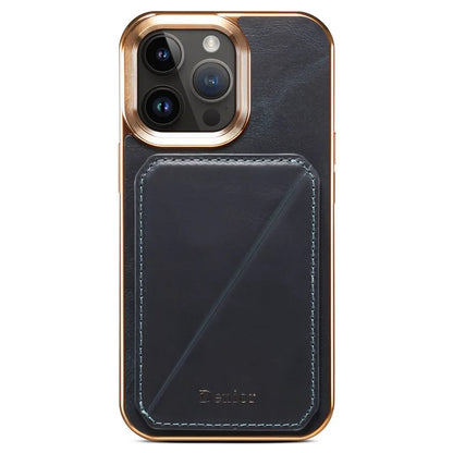 DENIOR For iPhone 15 Pro Max Case Card Holder Waxy Genuine Cow Leather+TPU+PC Cover