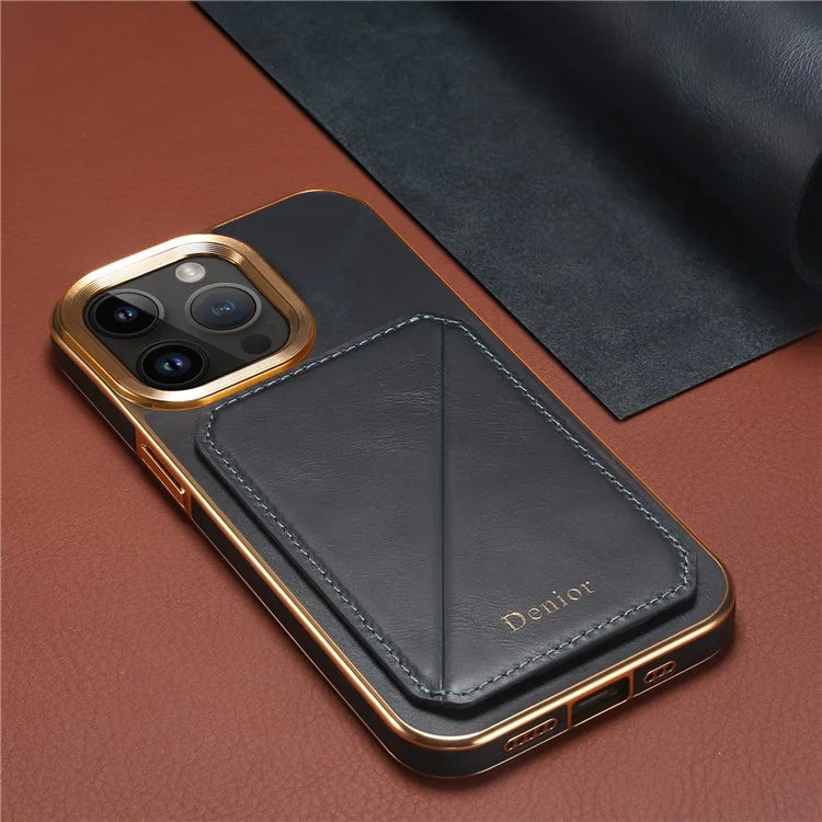 DENIOR For iPhone 15 Pro Max Case Card Holder Waxy Genuine Cow Leather+TPU+PC Cover