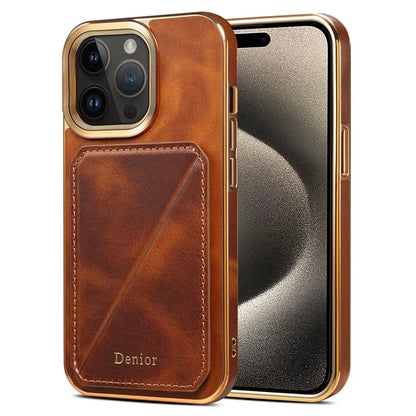 DENIOR For iPhone 15 Pro Max Case Card Holder Waxy Genuine Cow Leather+TPU+PC Cover