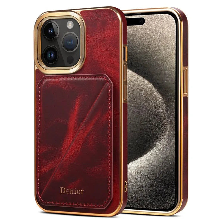 DENIOR For iPhone 15 Pro Max Case Card Holder Waxy Genuine Cow Leather+TPU+PC Cover