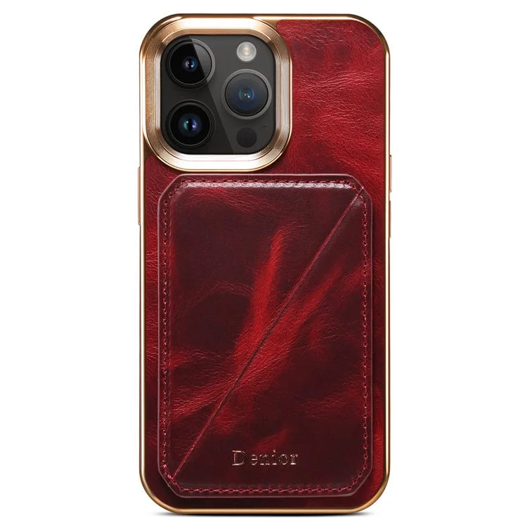 DENIOR For iPhone 15 Pro Max Case Card Holder Waxy Genuine Cow Leather+TPU+PC Cover
