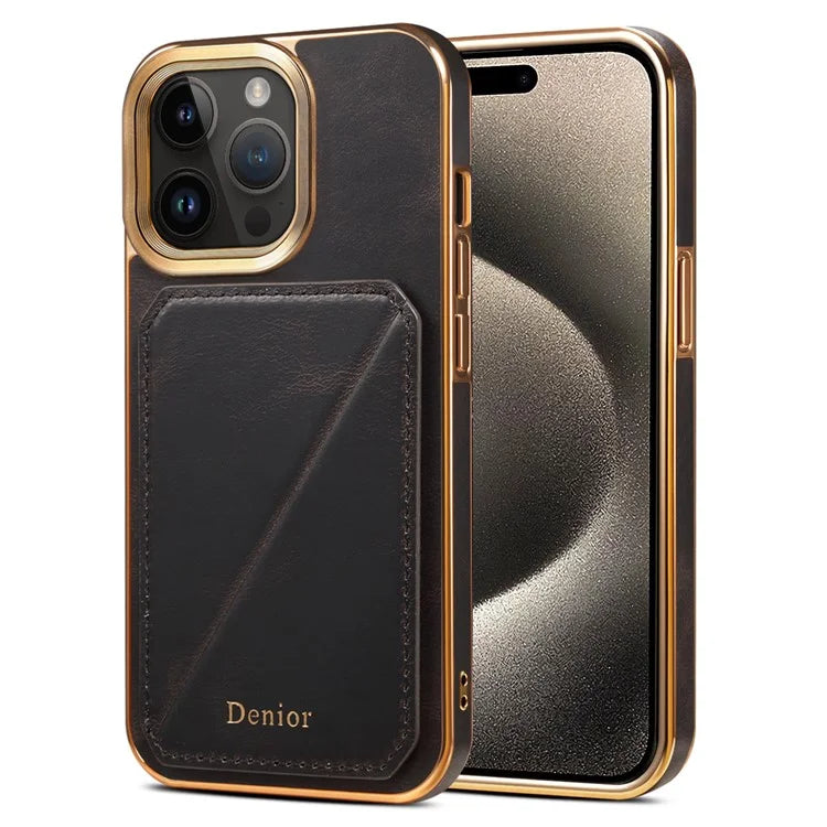 DENIOR For iPhone 15 Pro Max Case Card Holder Waxy Genuine Cow Leather+TPU+PC Cover
