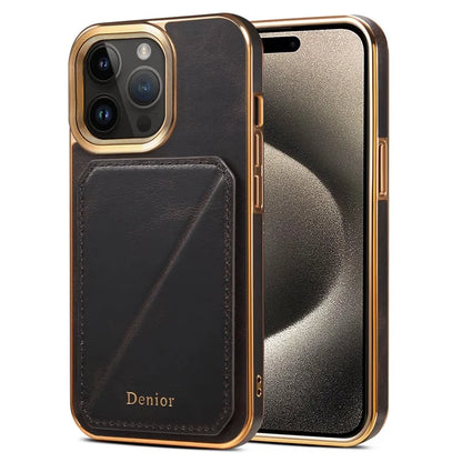 DENIOR For iPhone 15 Pro Max Case Card Holder Waxy Genuine Cow Leather+TPU+PC Cover