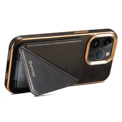 DENIOR For iPhone 15 Pro Max Case Card Holder Waxy Genuine Cow Leather+TPU+PC Cover