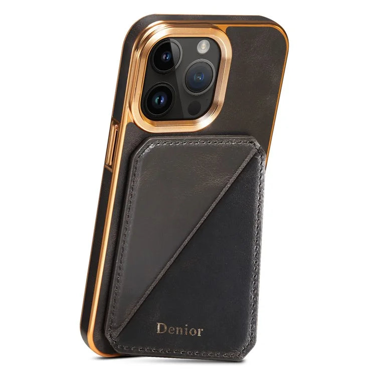 DENIOR For iPhone 15 Pro Max Case Card Holder Waxy Genuine Cow Leather+TPU+PC Cover