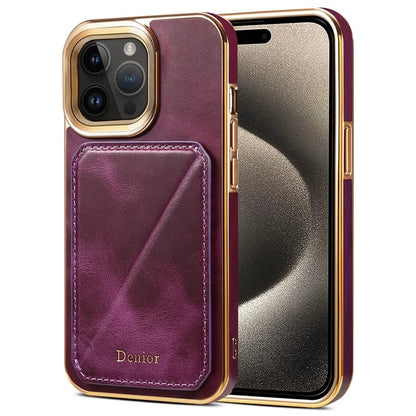 DENIOR For iPhone 15 Pro Max Case Card Holder Waxy Genuine Cow Leather+TPU+PC Cover