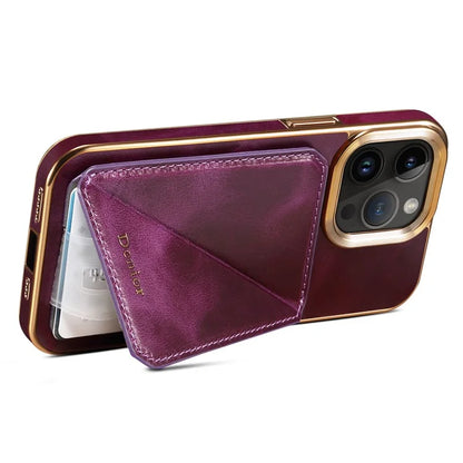 DENIOR For iPhone 15 Pro Max Case Card Holder Waxy Genuine Cow Leather+TPU+PC Cover