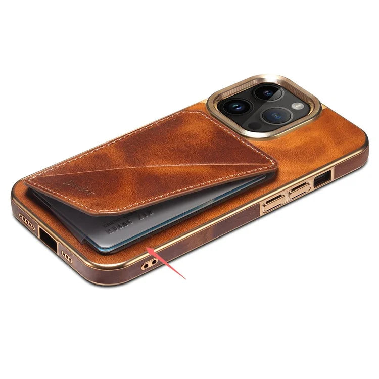 DENIOR For iPhone 14 Pro Max Case Waxy Genuine Cow Leather+TPU+PC Cell Phone Cover