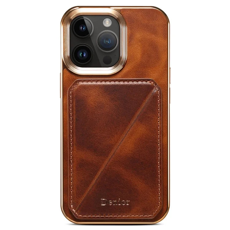 DENIOR For iPhone 14 Pro Max Case Waxy Genuine Cow Leather+TPU+PC Cell Phone Cover