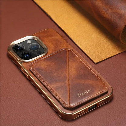 DENIOR For iPhone 14 Pro Max Case Waxy Genuine Cow Leather+TPU+PC Cell Phone Cover