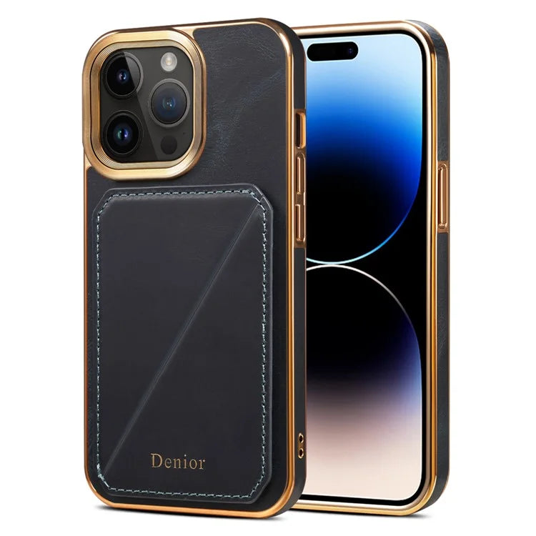DENIOR For iPhone 14 Pro Max Case Waxy Genuine Cow Leather+TPU+PC Cell Phone Cover