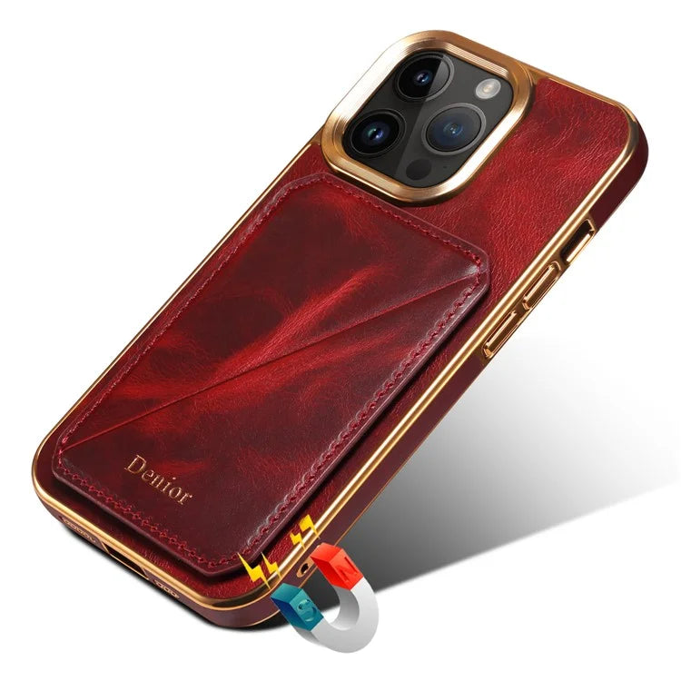 DENIOR For iPhone 14 Pro Max Case Waxy Genuine Cow Leather+TPU+PC Cell Phone Cover