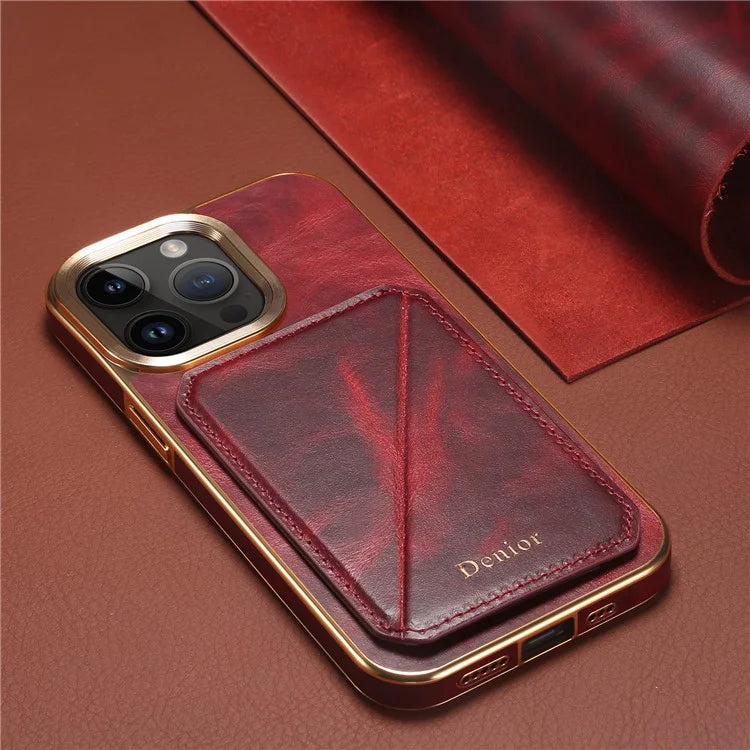 DENIOR For iPhone 14 Pro Max Case Waxy Genuine Cow Leather+TPU+PC Cell Phone Cover