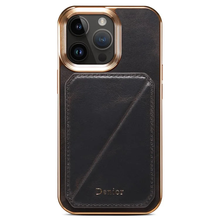 DENIOR For iPhone 14 Pro Max Case Waxy Genuine Cow Leather+TPU+PC Cell Phone Cover
