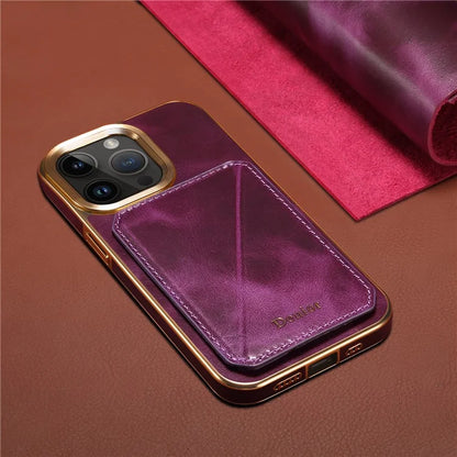 DENIOR For iPhone 14 Pro Max Case Waxy Genuine Cow Leather+TPU+PC Cell Phone Cover