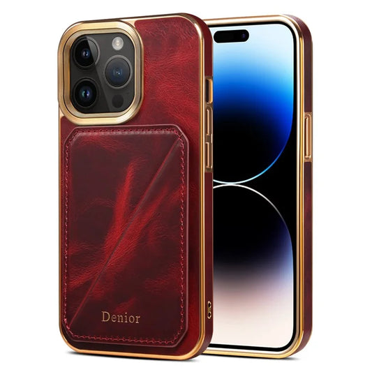 DENIOR For iPhone 14 Pro Case Waxy Genuine Cow Leather+TPU+PC Back Protector Cover