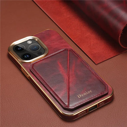 DENIOR For iPhone 14 Pro Case Waxy Genuine Cow Leather+TPU+PC Back Protector Cover
