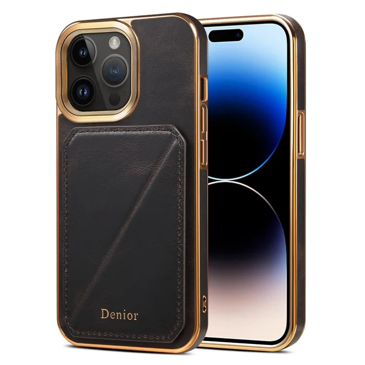 DENIOR For iPhone 14 Pro Case Waxy Genuine Cow Leather+TPU+PC Back Protector Cover