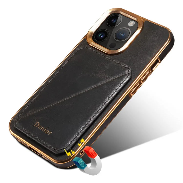 DENIOR For iPhone 14 Pro Case Waxy Genuine Cow Leather+TPU+PC Back Protector Cover