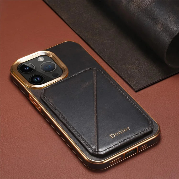 DENIOR For iPhone 14 Pro Case Waxy Genuine Cow Leather+TPU+PC Back Protector Cover