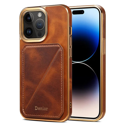 DENIOR For iPhone 14 Pro Case Waxy Genuine Cow Leather+TPU+PC Back Protector Cover