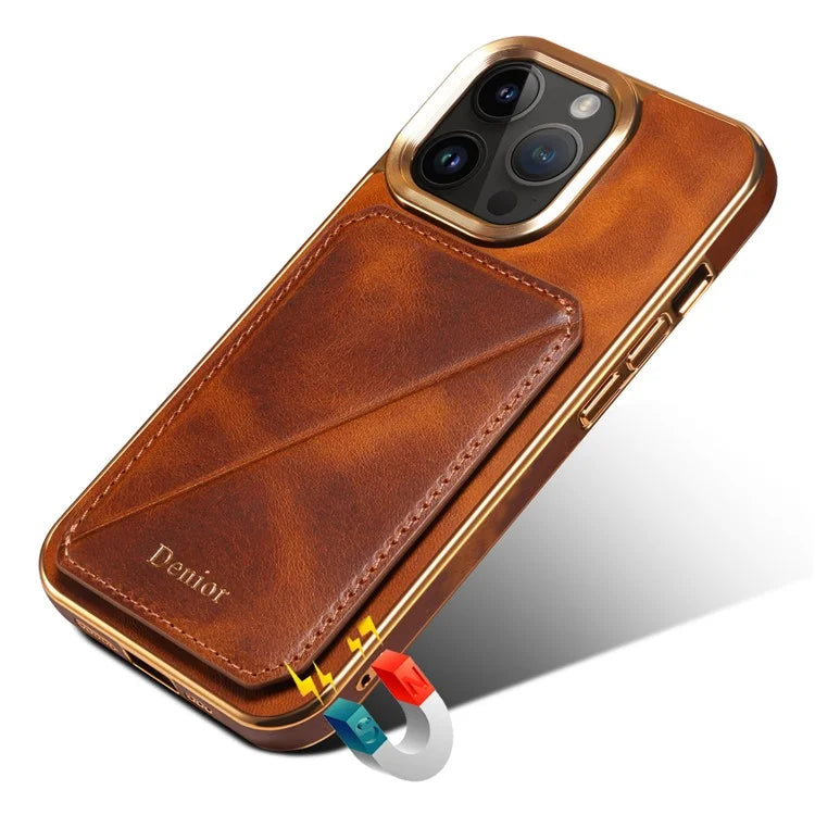 DENIOR For iPhone 14 Pro Case Waxy Genuine Cow Leather+TPU+PC Back Protector Cover